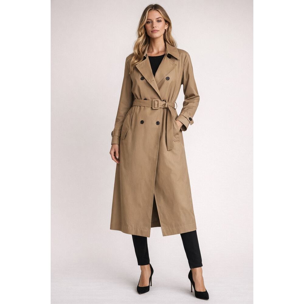 A.L.C. Belted Longline Trench Coat Camel Tan Sz 12 Italian Fabric Luxury
